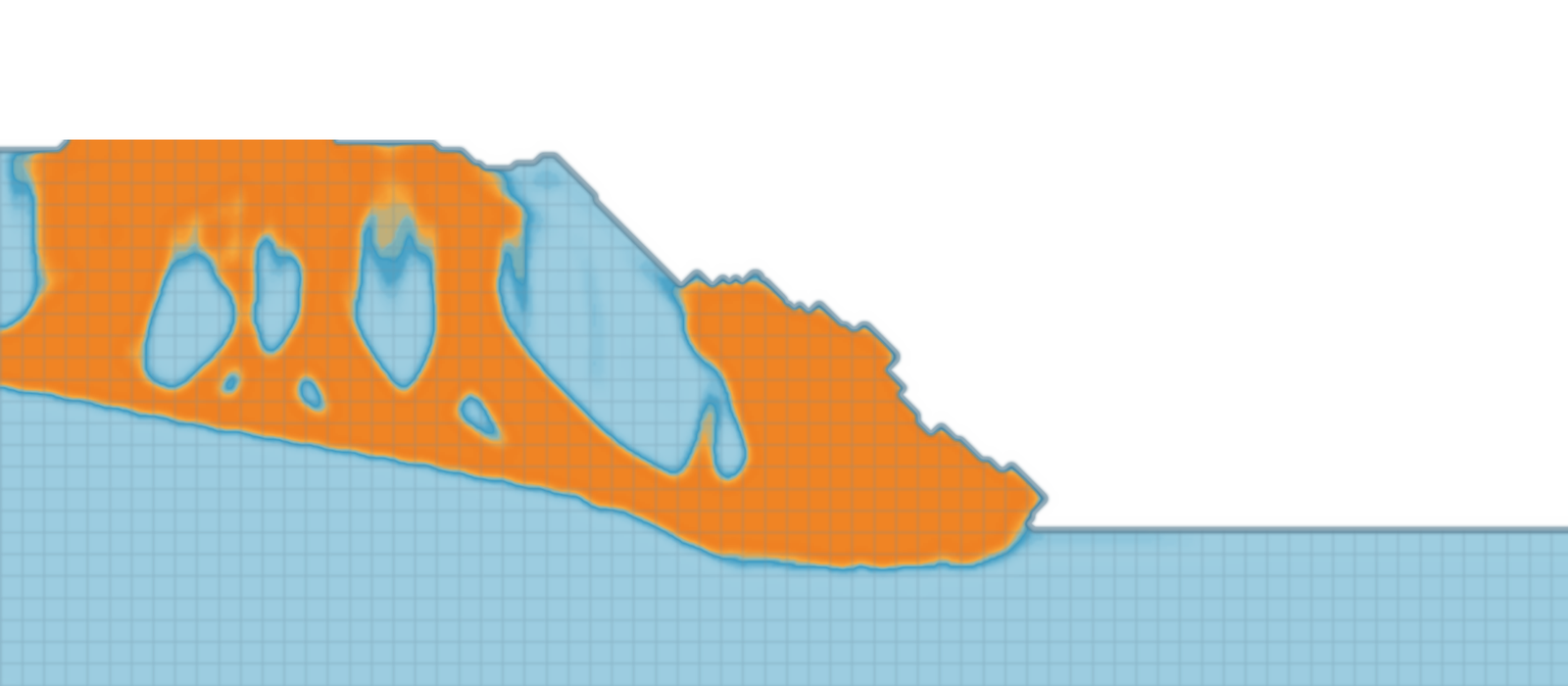The +3 °C run on white: the orange failed mass riding over the pale blue intact slope, outlined where it separates from the stable ground, textured with a light reference grid