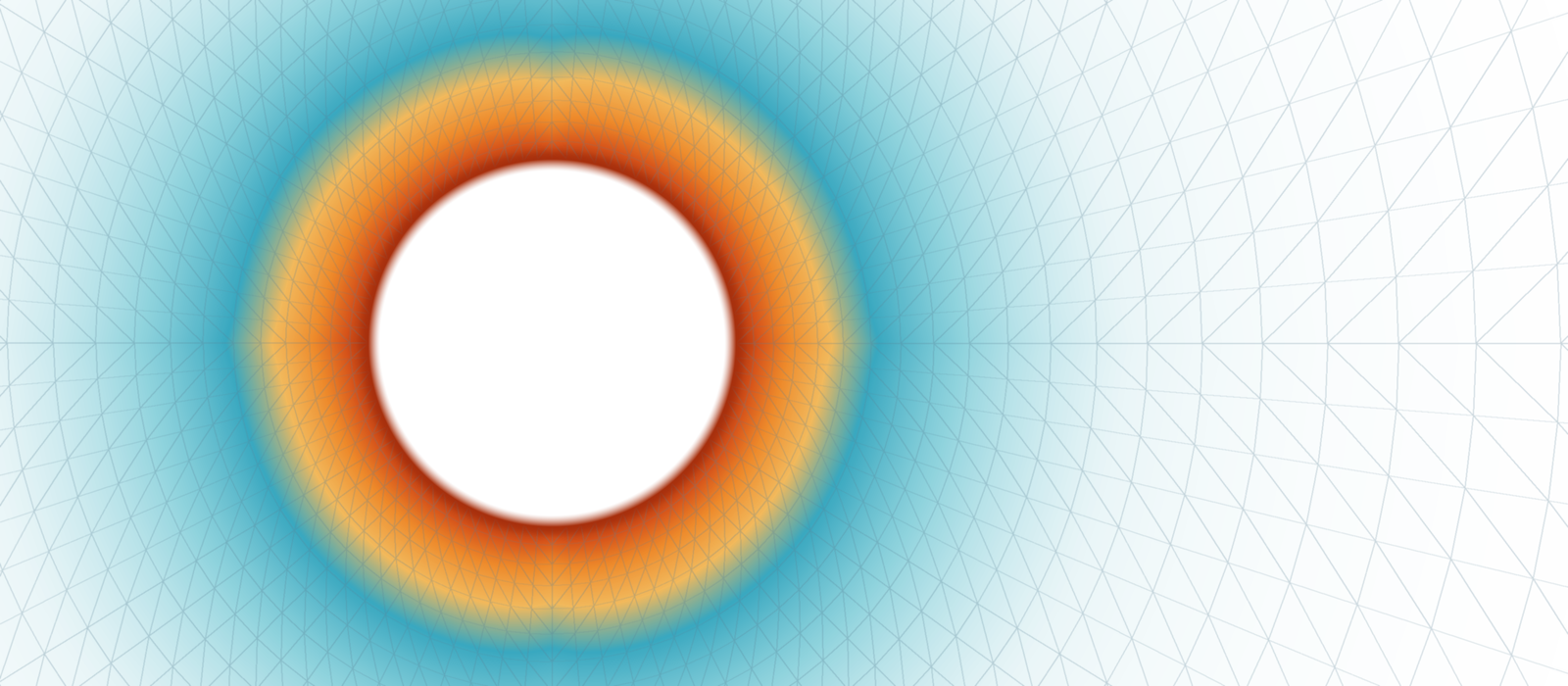 Day-90 temperature field around a heated tunnel on white: the hot orange ring at the tunnel wall fading through teal into the cool far field, drawn on the native mesh with the quarter model mirrored to the full section